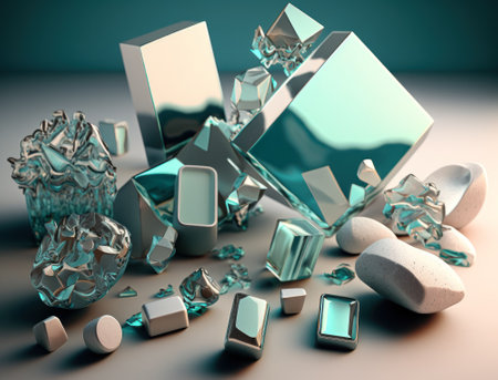 This dreamy abstract composition of overlapping organic shapes in cyan and white colors Created with Generative AI technologyの素材