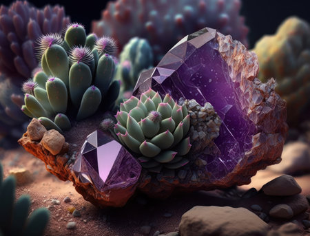 Amethyst crystal succulent hybrid created with Generative AI technologyの素材