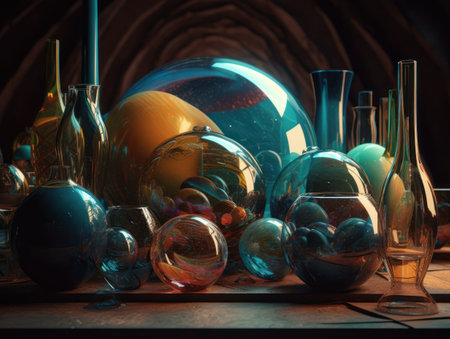 Composition with abstract geometric shapes and primitives Modern dark background created with Generative AI technologyの素材