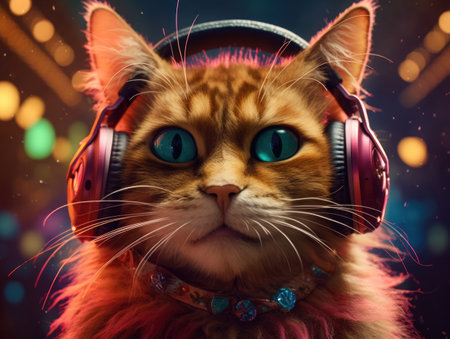 Cat in big headphones enjoys music created with Generative AI technologyの素材