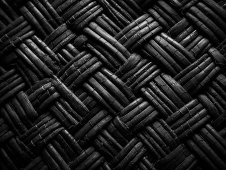 Dark black Abstract woven mat texture Wickerwork background created with Generative AI technologyの素材