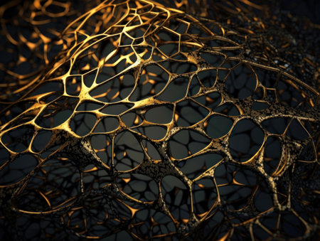 Dark black and gold abstract background An abstract image featuring organic shapes and lines that intersect and overlap created with Generative AI technologyの素材