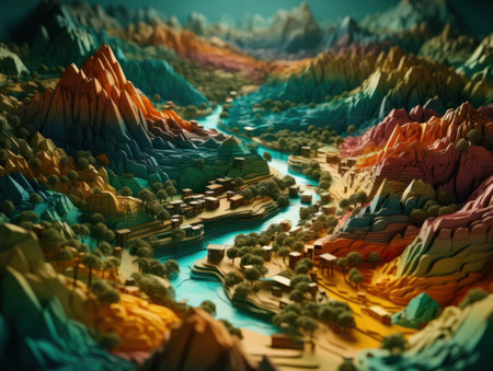 Colorful paper cut terrain mountains background created with Generative AI technologyの素材