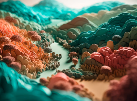 Colorful paper cut terrain mountains background created with Generative AI technologyの素材