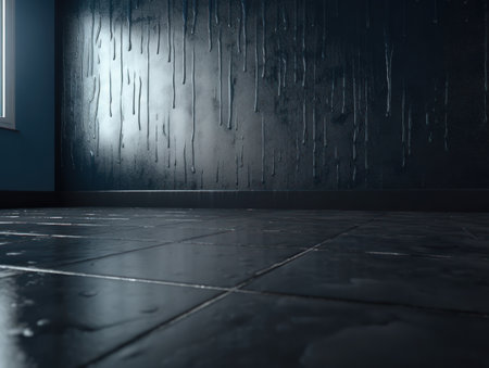 Empty dark room with concrete floor and black wall Created with Generative AI technologyの素材