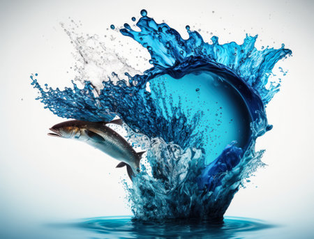 Splash of blue water with flying fish created with Generative AI technologyの素材