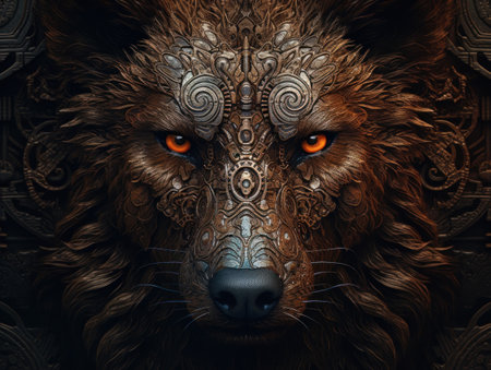 Fantasy portrait of a wolf with an abstract pattern on the face Created with Generative AI technologyの素材