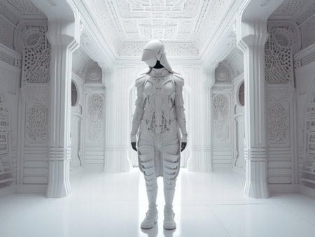 A futuristic female mannequin in a white dress and mask stands in a futuristic white room interior. Symmetrical composition. Created with Generative AI technology.の素材