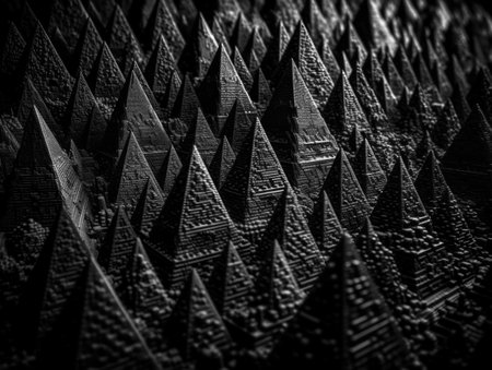 Futuristic abstract pyramid geometric dark black background created with Generative AI technology.の素材