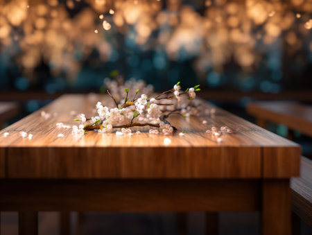 Bouquet of cherry blossoms on a wooden table in a cafe Created with Generative AI technologyの素材