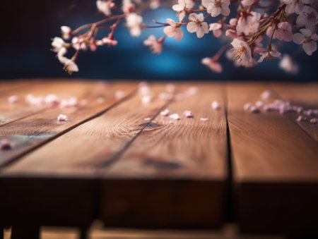 cherry blossom on wooden table, shallow depth of field. Created with Generative AI technologyの素材