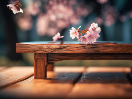 Cherry blossom on wooden table, vintage style, selective focus Created with Generative AI technologyの素材