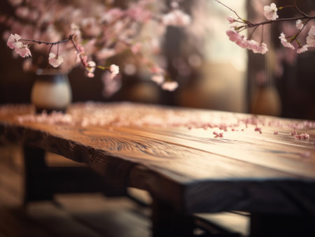 Wooden table with cherry blossoms in vase on blurred background Created with Generative AI technologyの素材