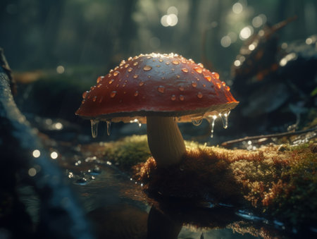 Mushroom in the forest. Beautiful red fly agaric in the moss. Created with Generative AI technologyの素材