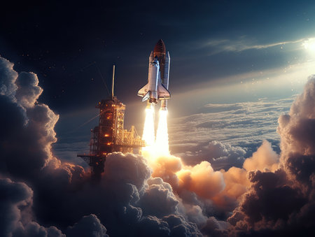 Space shuttle taking off into the sky Created with Generative AI technology.の素材
