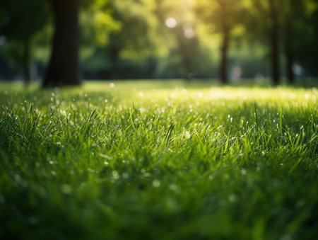 Green grass in the park with sunlight and bokeh background. Created with Generative AI technologyの素材