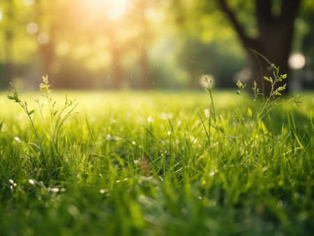 green grass with bokeh background in the park. soft focus. Created with Generative AI technologyの素材