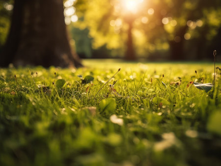 Green grass and trees in the park, shallow depth of field. Created with Generative AI technologyの素材