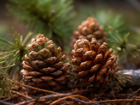 Pine cones in the forest. selective focus. Created with Generative AI technology.の素材