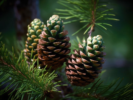Pine cones in the forest. selective focus. Created with Generative AI technology.の素材