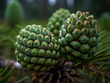 Pine cones in the forest. selective focus. Created with Generative AI technology.の素材