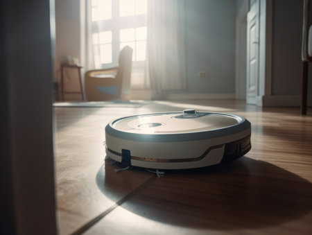 Robotic vacuum cleaner cleaning the floor in the living room at homeの素材
