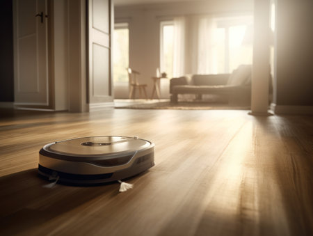 Robotic vacuum cleaner cleaning wooden floor in living room. house cleaning concept.の素材
