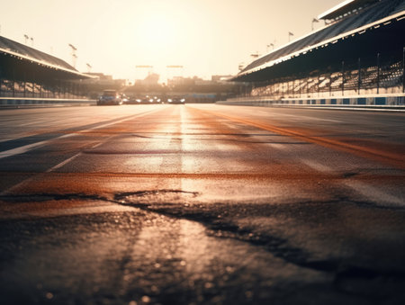 Race track Empty asphalt road concept Driving on an empty road Racing sports concept Created with Generative AI technology.の素材