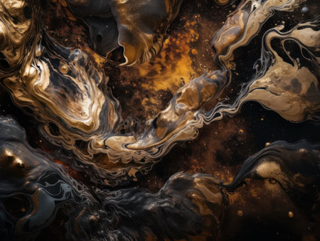 Abstract background of black and golden acrylic paint. liquid marble texture. Created with Generative AI technologyの素材