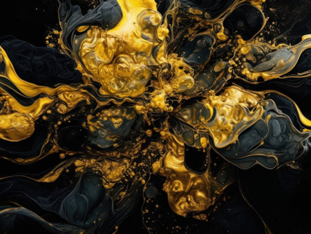 abstract black and yellow watercolor background with gold and black spots Created with Generative AI technologyの素材