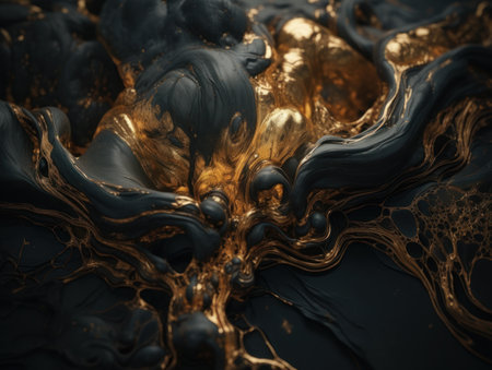 Abstract black and gold marble texture background. Fantasy fractal artwork. Created with Generative AI technologyの素材