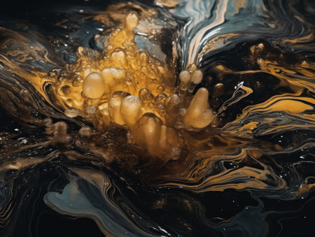 Abstract black and gold background with oil paint splashes and drops. Created with Generative AI technologyの素材