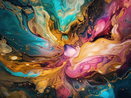 Abstract colorful background. Mixing acrylic paints. Gold marble painting, stylized and textured, artistic paint decoration for canvas print or wallpaper. Alcohol ink colors translucent. Created with Generative AI technologyの素材