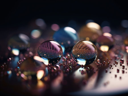 Iridescent pearl spheres on a dark background Liquid dynamic shapes Created with Generative AI technologyの素材