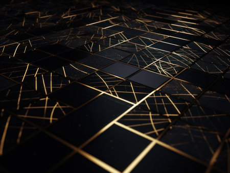 Dark black mosaic background with golden lines Art Deco luxury style texture Created with Generative AI technologyの素材
