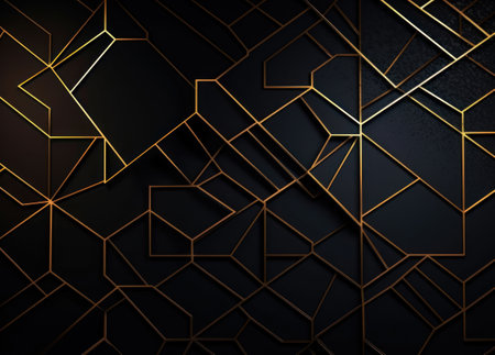 Dark black mosaic background with golden lines Art Deco luxury style texture Created with Generative AI technologyの素材