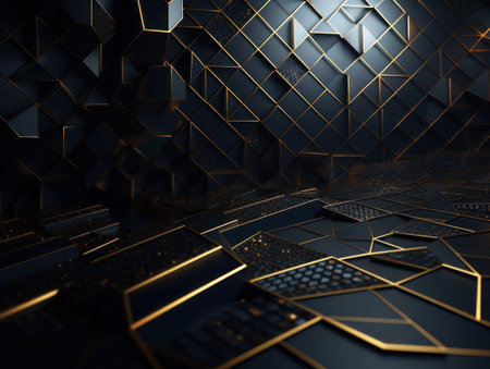 Dark black mosaic background with golden lines Art Deco luxury style texture Created with Generative AI technologyの素材