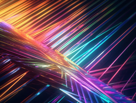 Neon lights diagonal lines on dark background Created with Generative AI technology.の素材