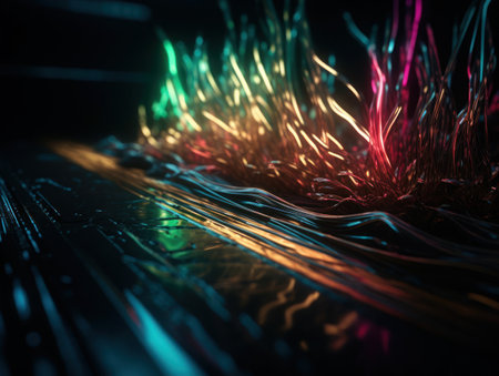 Neon lights wavy lines on dark background Created with Generative AI technologyの素材