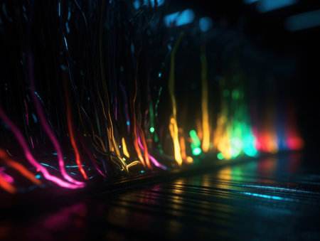 Neon lights wavy lines on dark background Created with Generative AI technologyの素材