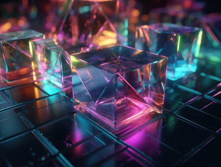 Neon lights Chromatic Holographic cubes on dark background Created with Generative AI technologyの素材