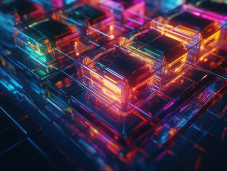 Neon lights Chromatic Holographic cubes on dark background Created with Generative AI technologyの素材