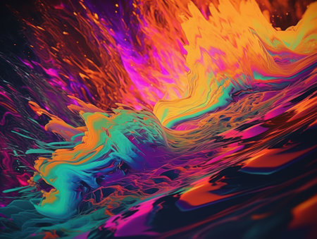 Neon lights Chromatic Holographic liquid dynamic shapes on dark background Created with Generative AI technologyの素材