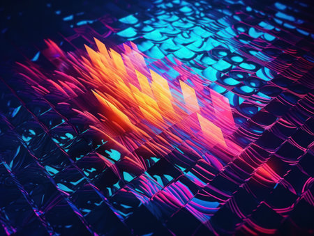 Neon lights Chromatic Holographic liquid dynamic shapes on dark background Created with Generative AI technologyの素材