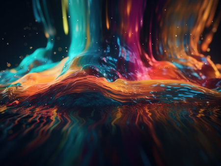 Neon lights Chromatic Holographic liquid dynamic shapes on dark background Created with Generative AI technologyの素材