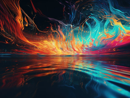 Neon lights Chromatic Holographic liquid dynamic shapes on dark background Created with Generative AI technologyの素材