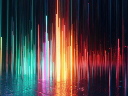 Neon lights Chromatic Holographic vertical lines on dark background Created with Generative AI technologyの素材