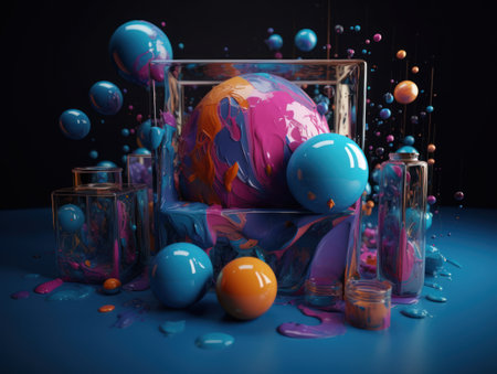 Abstract modern geometric shapes composition Glossy spheres Ð¡olorful balls Created with Generative AI technology.の素材