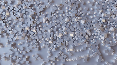 Abstract 3d rendering of chaotic geometric shapes. Randomly placed geometric objects. reflective surface pattern.の写真素材