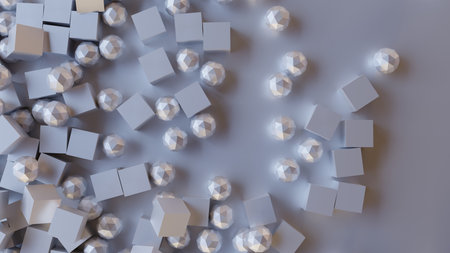 Abstract 3d rendering of chaotic geometric shapes. Randomly placed geometric objects. reflective surface pattern.の写真素材